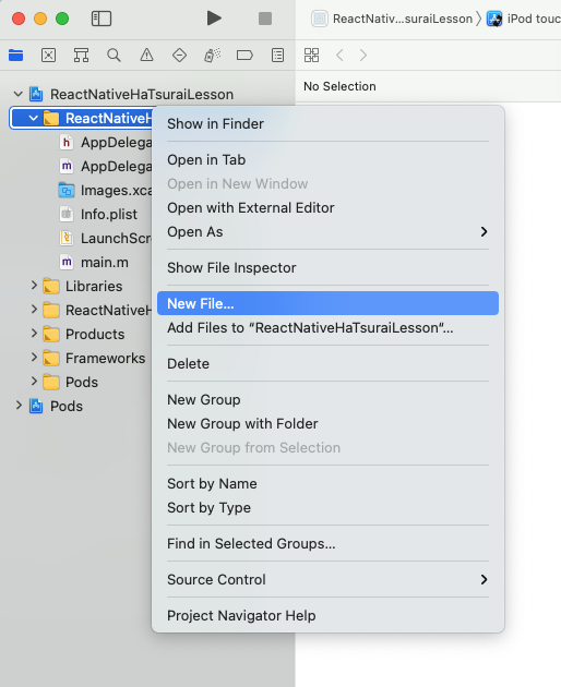 Xcodeのファイルツリーを右クリックしてポップアップが表示される。"New File"にカーソルを合わせている