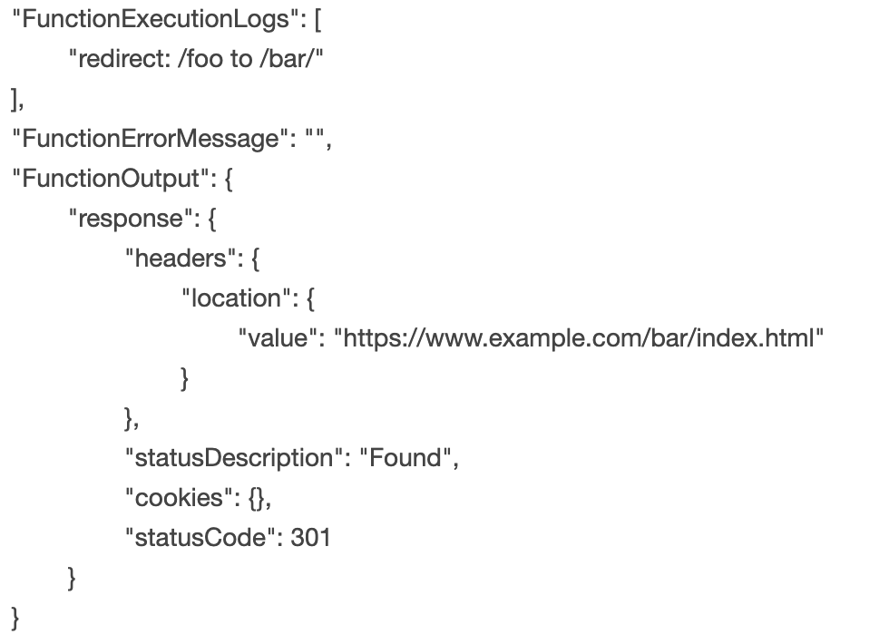 AWS コンソール上で、デプロイした CloudFront Function のテストを実行。foo/ にアクセスすると、ステータスコード 301 で、bar/ にリダイレクトされているのが確認できる。