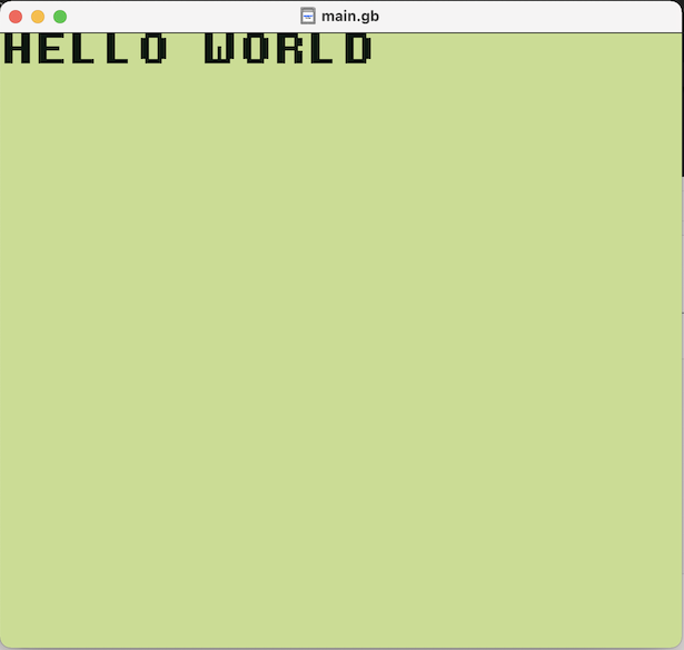 GBDK でコンパイルしたゲームボーイの HELLO WORLD を出すプログラムが動いているところ