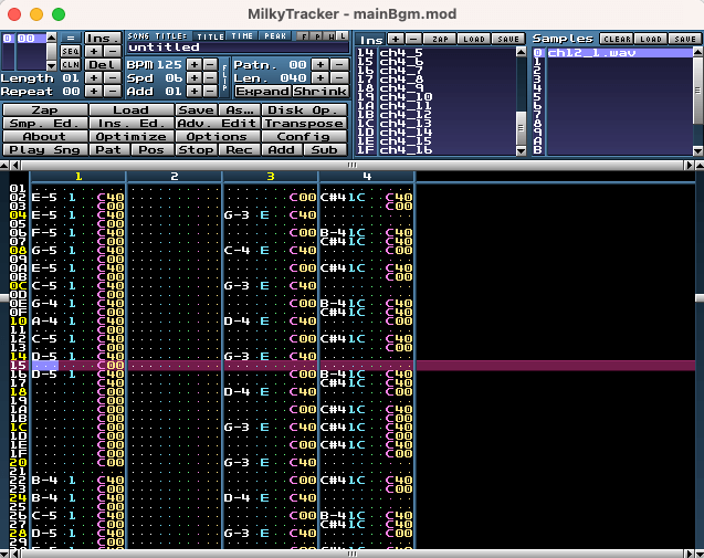 milkytrackerでゲームボーイのBGMとなるトラックを作成している