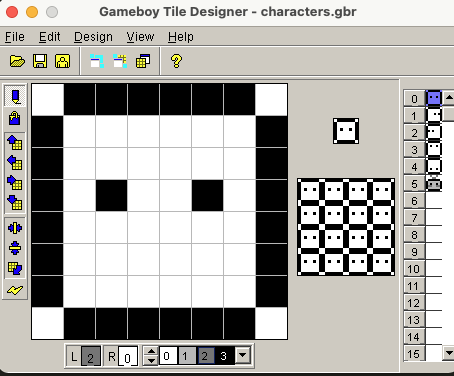 GBTDで主人公の正面顔のドット絵を描いて表示しているところ