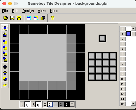 GBTDでバックグラウンドのタイルデータを作成する。0番は空白、1番は正方形のブロックを描く。