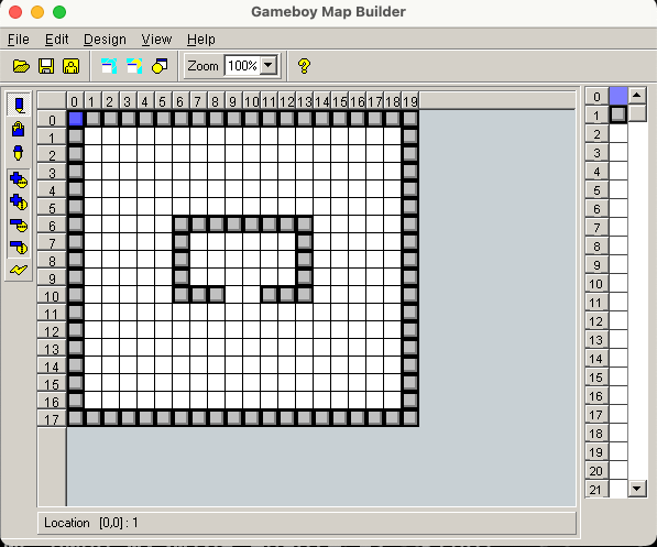 先ほど作成したタイルデータ 1 番のタイルを使って、ゲームに使用するマップを作成している。