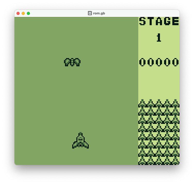 ウィンドウを画面右端に配置したゲーム画面。ウィンドウにはダミーのステータスとして、ステージ1、5桁のスコアがあり、自機アイコンで残りのスペースを埋めている。