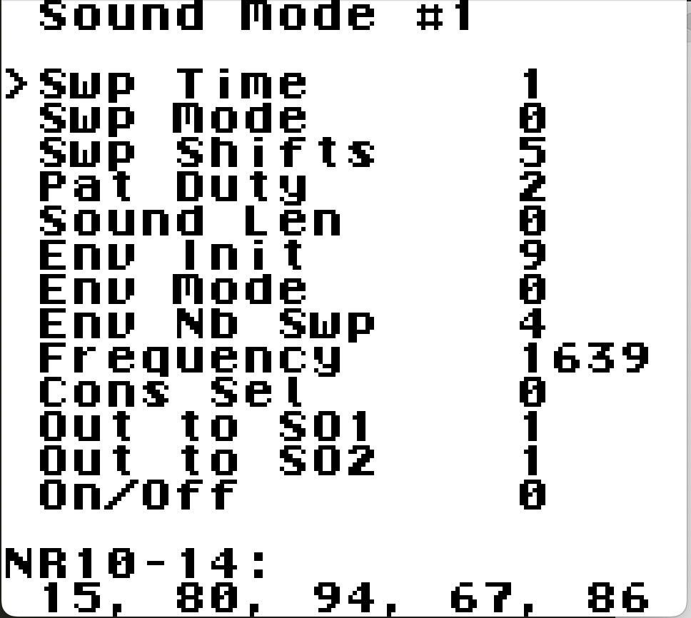 GBDK の example である sound の画面。Swp Time など、ゲームボーイの波形に関する項目があり、これらの値を調整していく